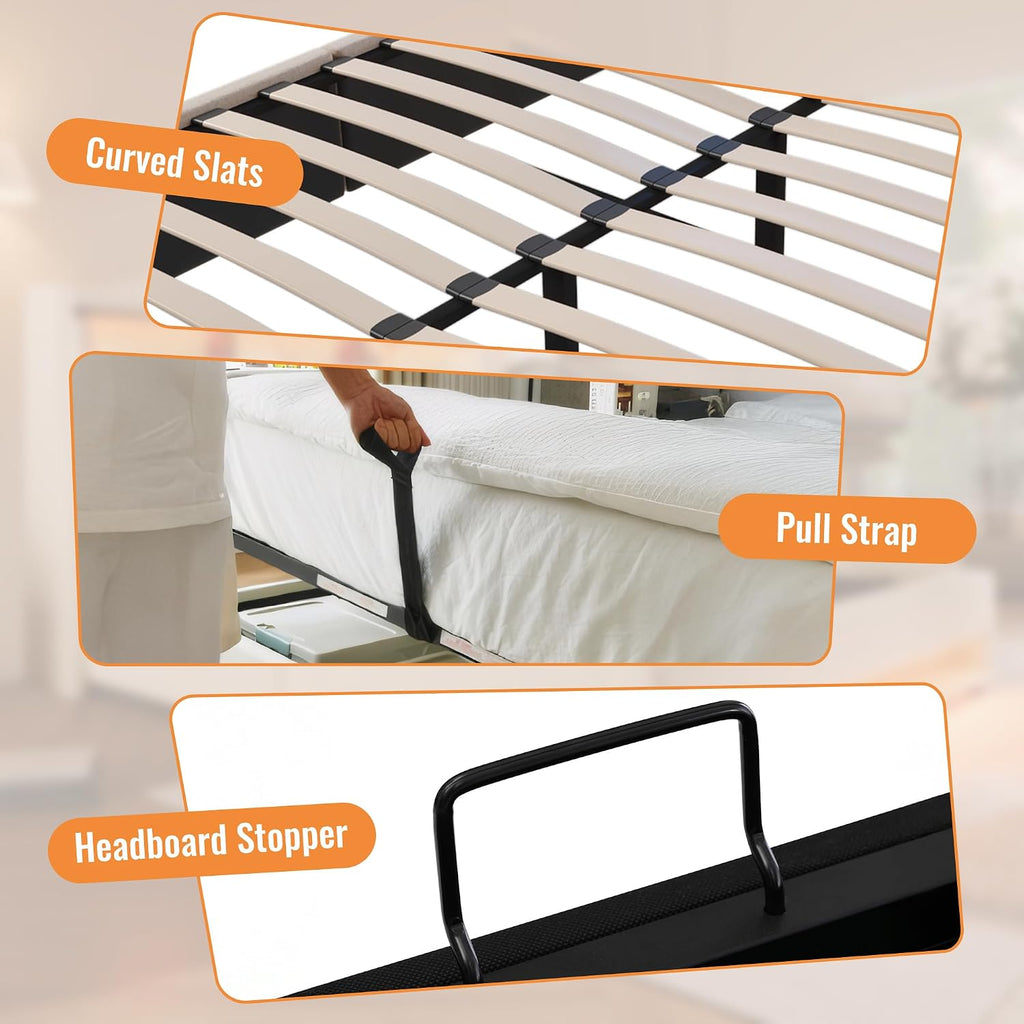 4ft6 Double Bed Frame with Hydraulic Lift&amp;LED Storage Headboard