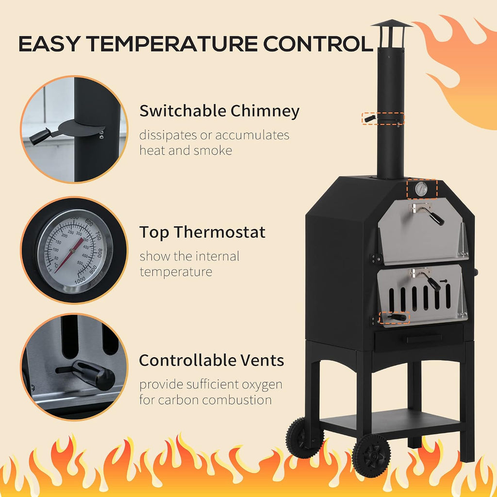 Outdoor Garden Pizza Oven Charcoal BBQ Grill 3-Tier Freestanding w/Chimney