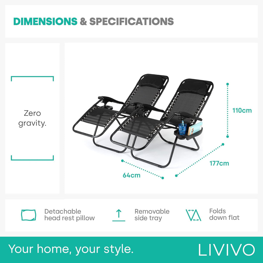 Set of 2 Sun Lounger Garden Chairs - Lightweight Zero Gravity Recliner Chairs with Clip-On Side Tray &amp; Adjustable Headrest - Foldable Sunloungers - Outdoor Chair Sunbed (Black)