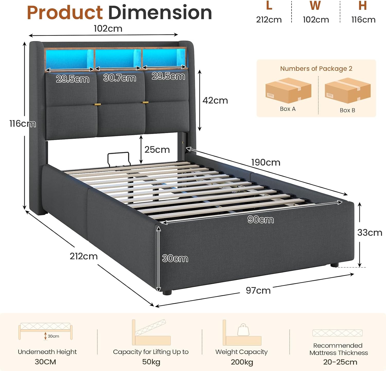 Single Bed Frame with Hydraulic Storage and Charging Station 3ft Upholstered Ottoman Lift Up Storage Bed with Headboard and Led Light,90x190 Platform bed with Solid Wood Slats,Grey(No Mattress)
