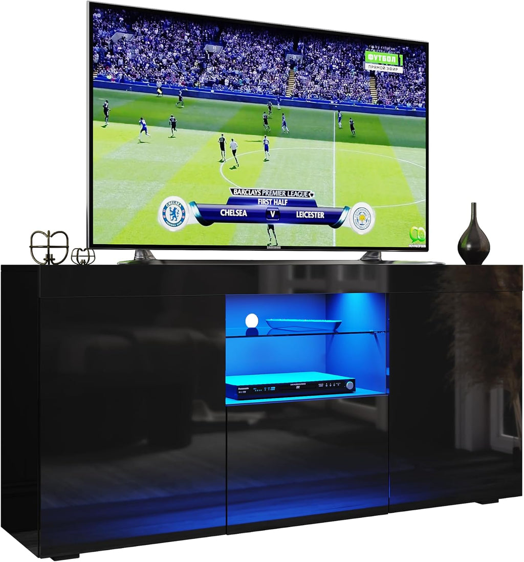 1350mm Modern TV Stand Cabinet with RGB LED Lights Black Gloss TV Unit for up to 55" TV with Ambient Light for Living Room Furniture