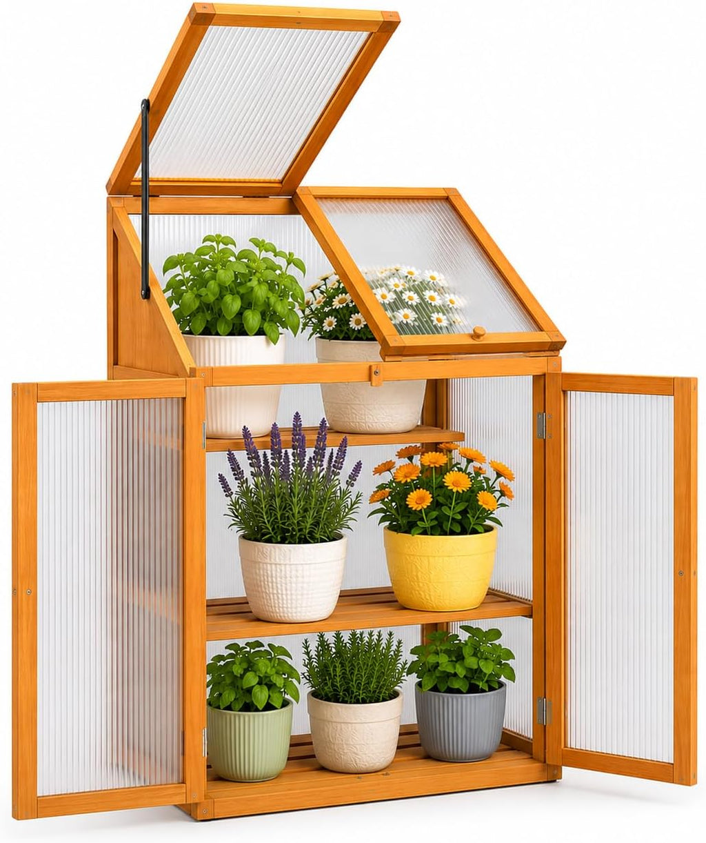 Wooden Greenhouse for Garden with Transparent Polycarbonate Panels Outdoor Green House - Wooden Cold Frame with Removeable Shelves Grow House for Plants and Herbs H120 x W69 x D49 cm