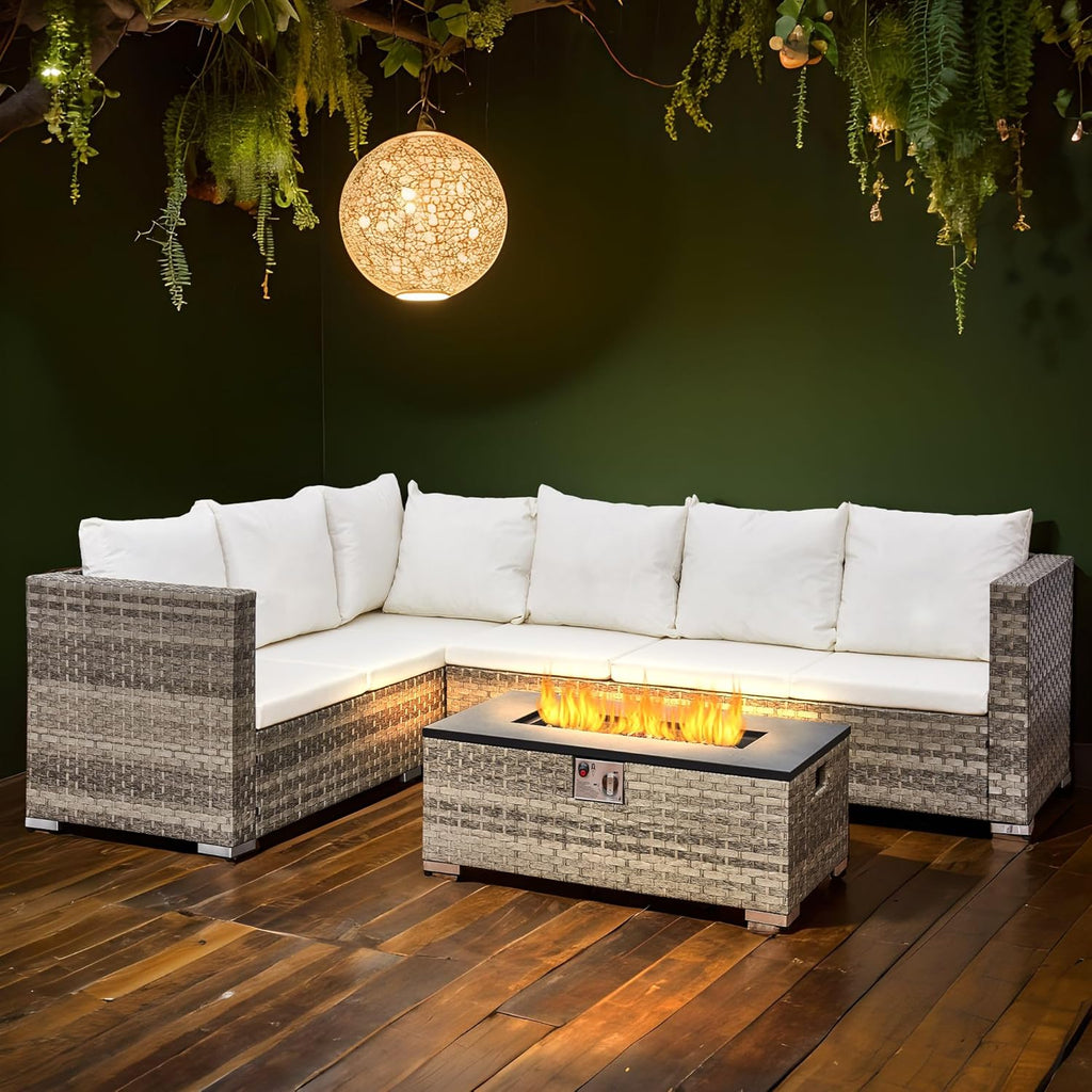 6-Seater Rattan Garden Furniture,Outdoor Sectional Sofa Set with Fire Pit Table,Grey Wicker with White Cushions