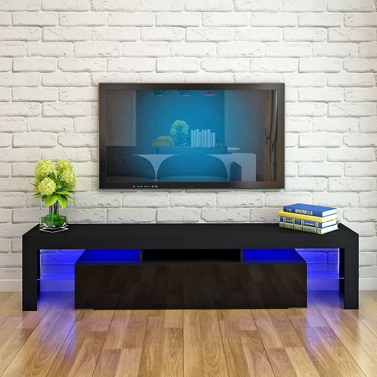 Modern White 200CM TV Unit Stand for 65 to 85 inch TV With RGB LED Lights High Gloss Door TV Stand Living Room Furniture TV Cabinet (Black)