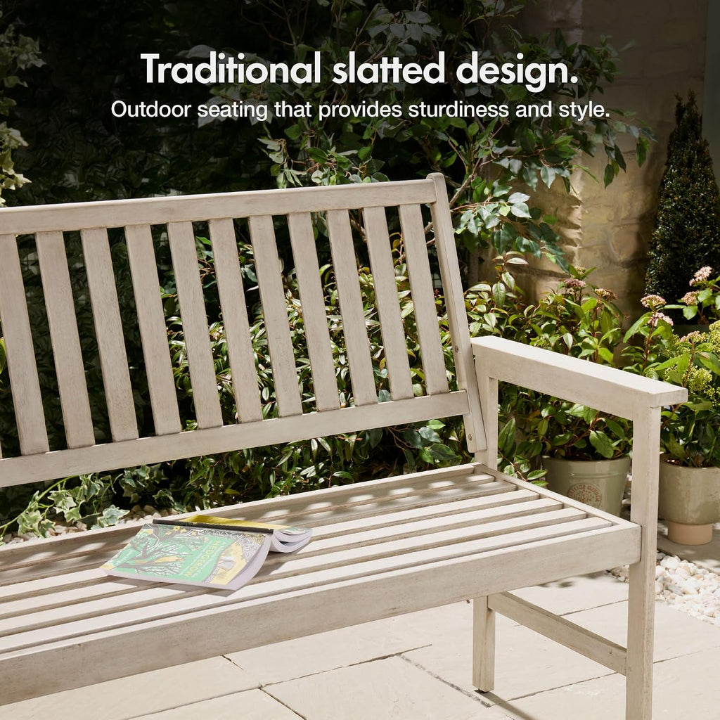 Grey Garden Bench 2 Seater - Acacia Hardwood Outdoor Bench with Armrests &amp; Teak Oil Coating - Wooden Garden Seating for 2 People for Patio &amp; Terrace - Weather Resistant - Murcia