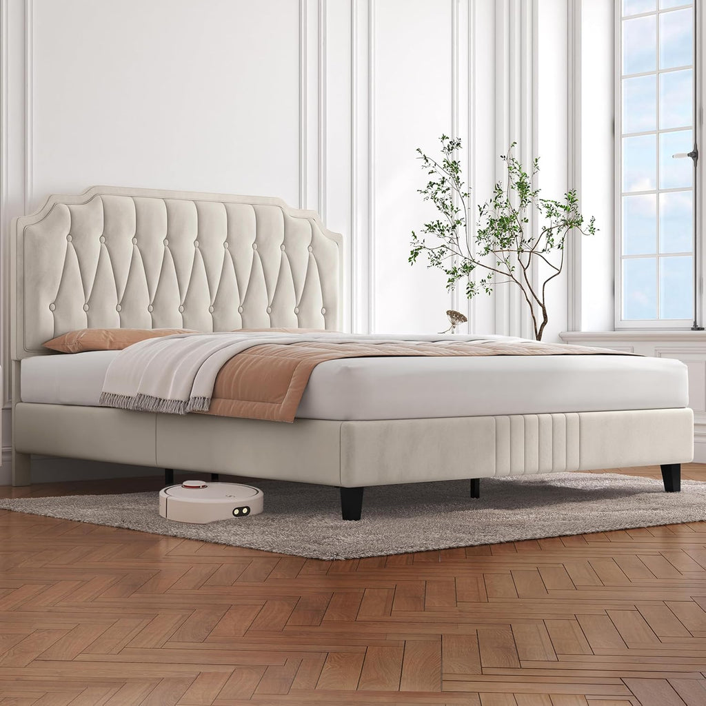 5ft King Bed Frame Upholstered Platform Bed with Adjustable Button Tufted Headboard/Velvet Fabric/Sturdy Wooden Slat Support/No Box Spring Needed