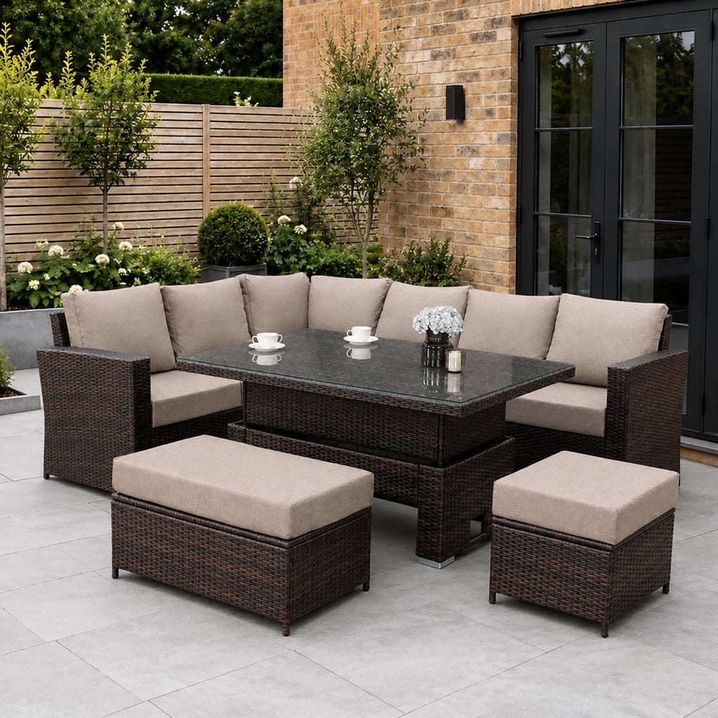 9 Seater Rattan Garden Furniture Set with Height Adjustable Rising Table - Outdoor Furniture Rattan Corner Sofa - Garden Patio Sets - FREE COVER INCLUDED (Dark Grey Mixed with Dark Grey Cushions)