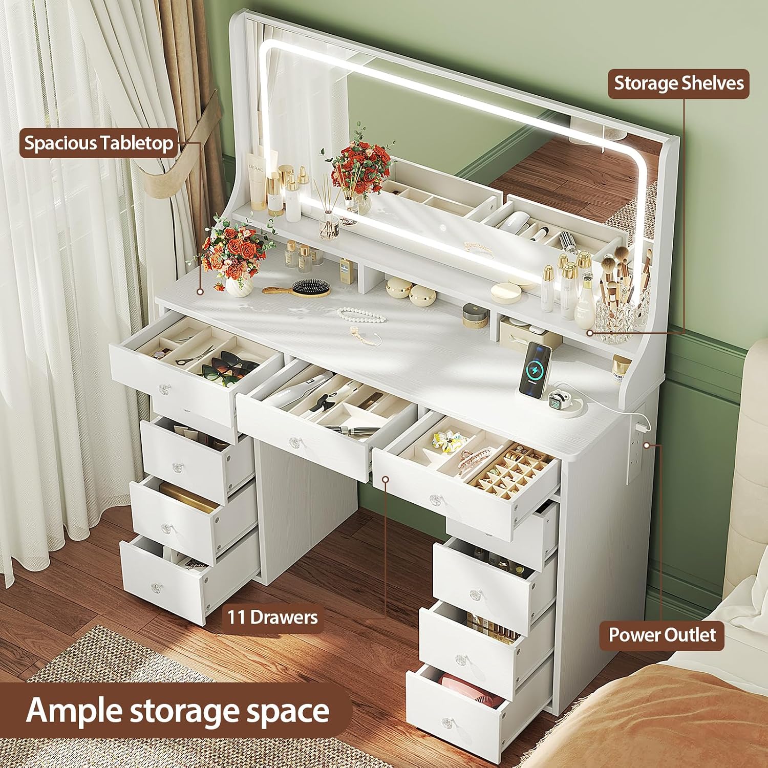 Dressing Table Vanity Desk with Mirror and Drawers Vanity Table Makeup Desk Shelves Storage Adjustable Brightness Makeup Table Cosmetic Bedroom Dresser Furniture (White 11 Drawers