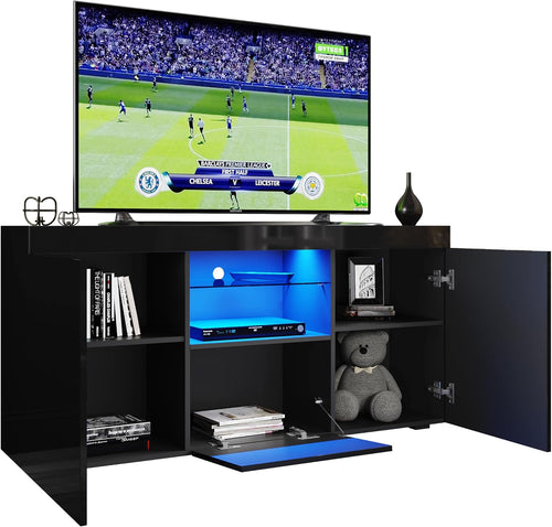 1350mm Modern TV Stand Cabinet with RGB LED Lights Black Gloss TV Unit for up to 55" TV with Ambient Light for Living Room Furniture