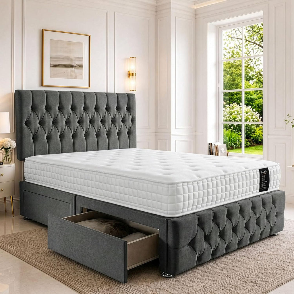 Double Bed 4FT6 with Headboard &amp; Footboard - Dmask Grey Plush Finish - Includes Pocket Sprung Multi-Zone Mattress &amp; 2 Drawers - Sturdy Divan Design for Compact Bedrooms