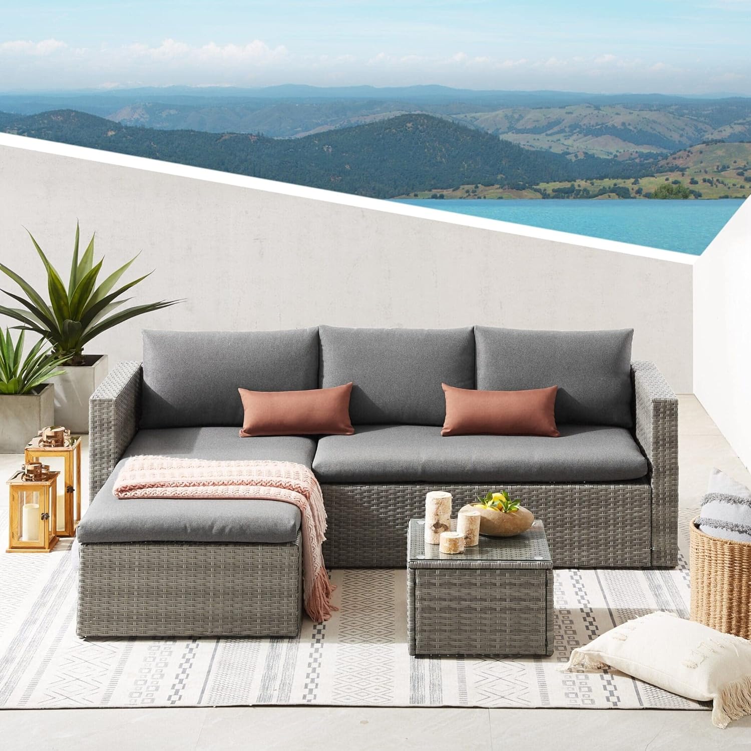 Rattan Garden Furniture Set 5 Piece 3 Seater Sofa 1 Ottoman Footstool Patio Outdoor Wicker Weave Lounge Sofa and Coffee Table (Grey)