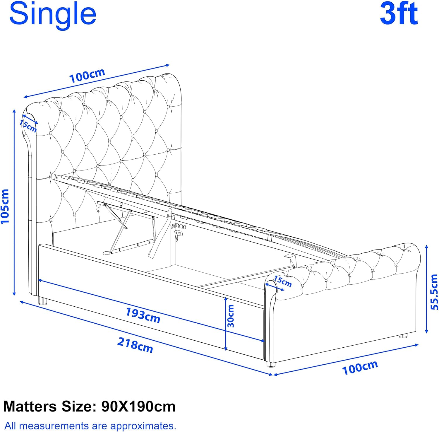 Single Ottoman Bed Frame - 3ft Upholstered Velvet Storage Bed with Gas Lift Side Opening