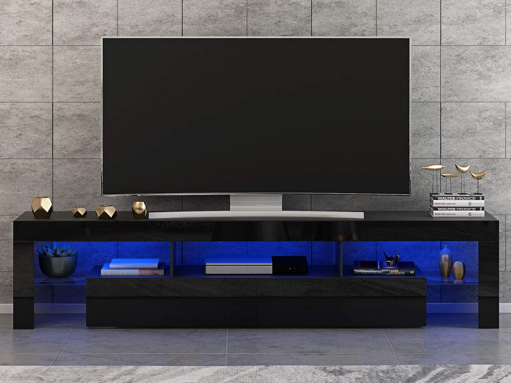 Modern White 200CM TV Unit Stand for 65 to 85 inch TV With RGB LED Lights High Gloss Door TV Stand Living Room Furniture TV Cabinet (Black)