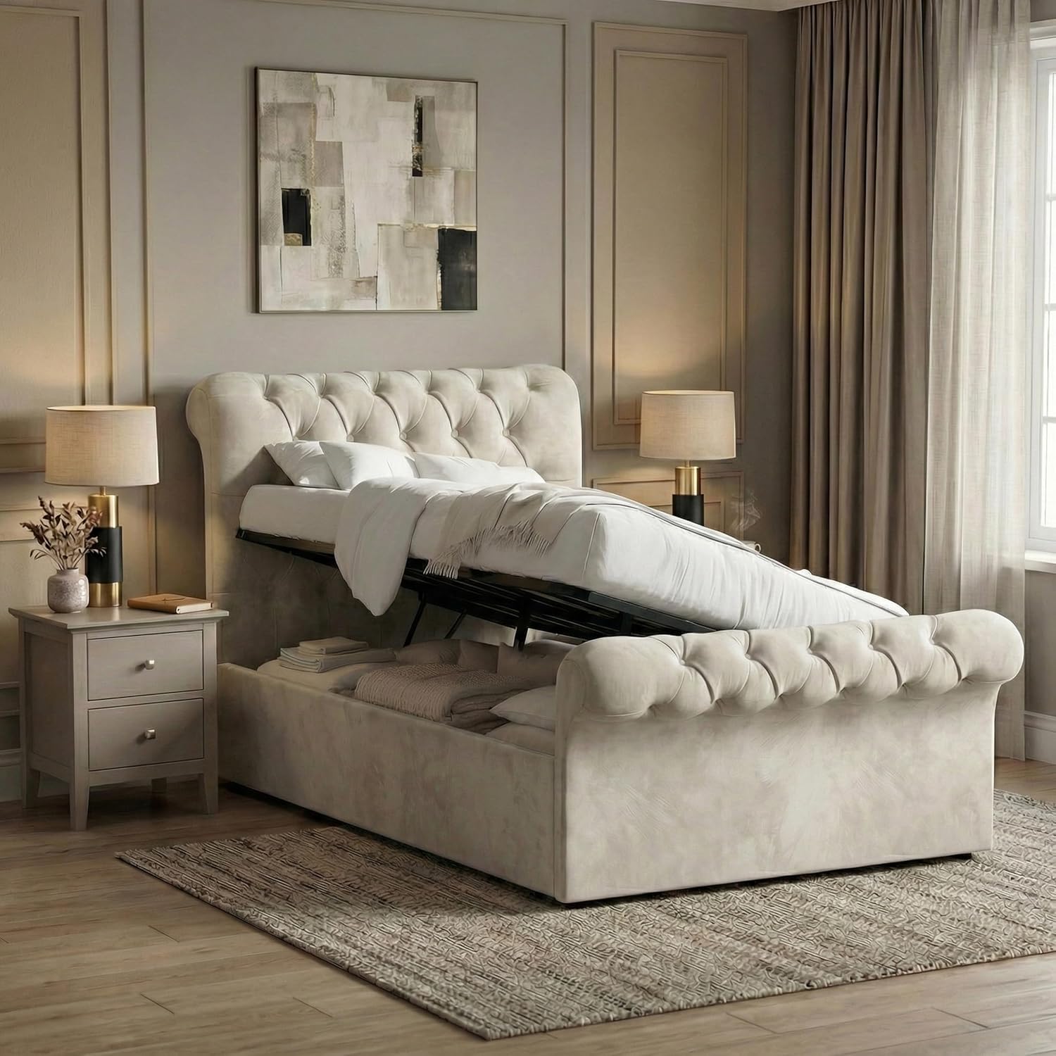 Single Ottoman Bed Frame - 3ft Upholstered Velvet Storage Bed with Gas Lift Side Opening
