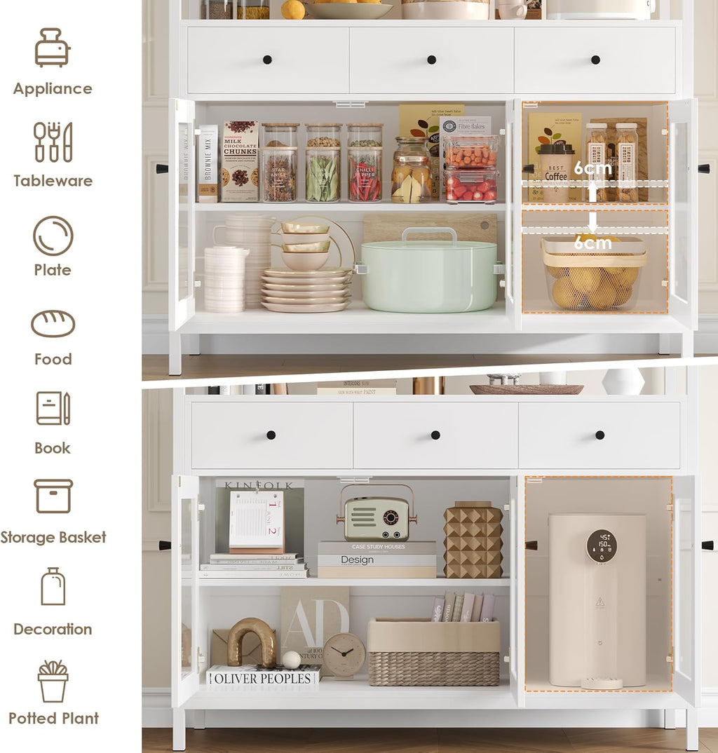 White Sideboard Storage Cabinet Kitchen Sideboard Buffet Cabinet with 3 Glass Doors 3 Drawers and Adjustable Shelves for Living Room Dining Room