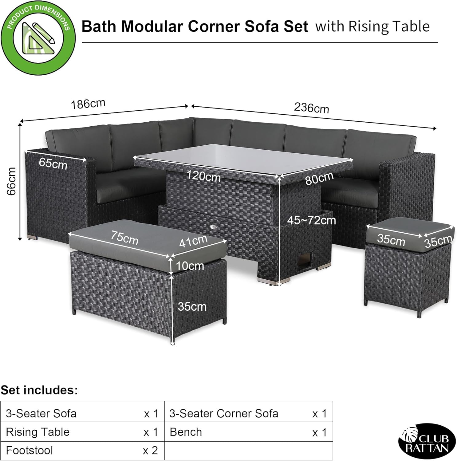 Rattan Rattan Corner Sofa Set Rattan Garden Furniture Set Patio Corner Sofa Set with Rising Table and Washable Cushions (black
