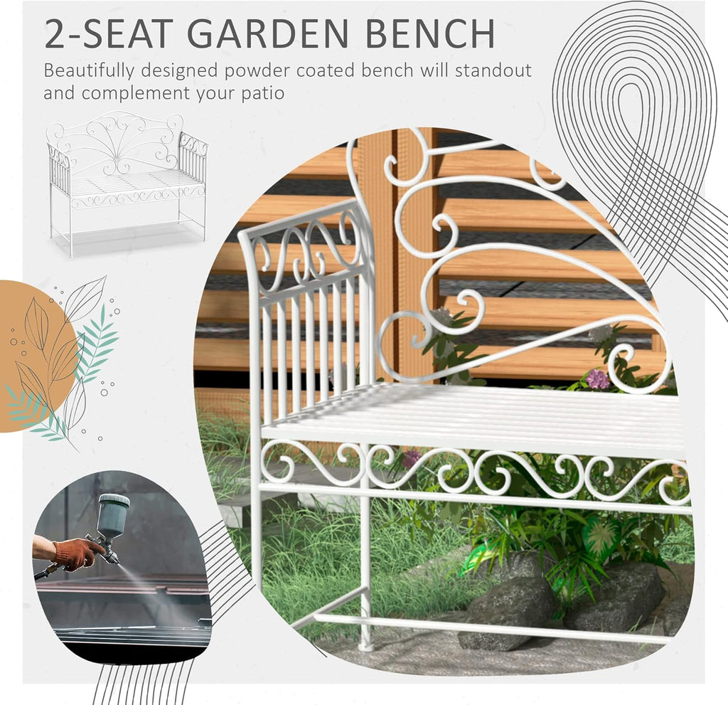 Garden 2 Seater Metal Bench Park Seating Outdoor Furniture Chair w/Decorative Backrest White