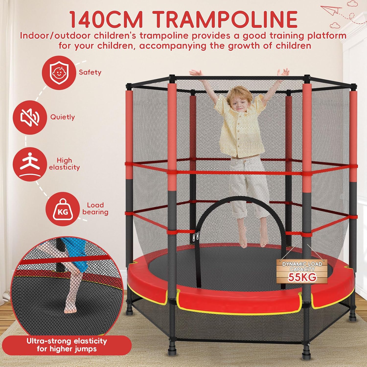 140cm Secure Kids Trampoline,with Safety Enclosure&amp; Reinforced Steel Frame,Indoor Outdoor Toddler Trampoline for Children 3-10Years