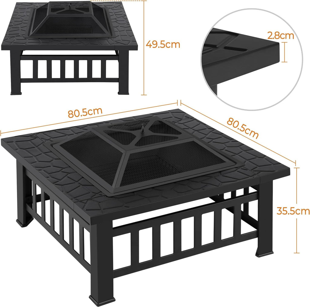 Outdoor Fire Pit 81cm Square Firepit 3-in-1 Heat-Resistant Metal Garden Stove for Barbecue