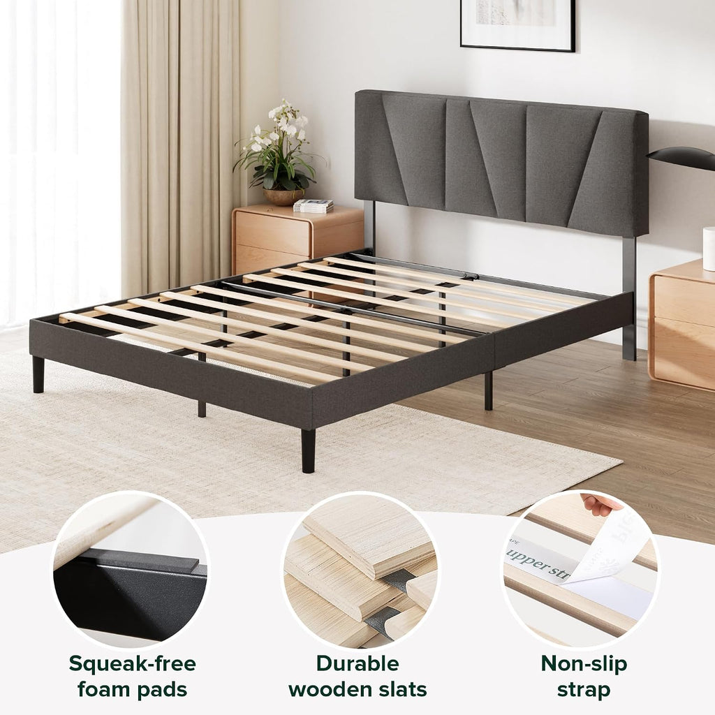 Double Bed Frame with Headboard - 4ft6 (135 x 190 cm) - Upholstered Bed Base - Wooden Slat Support - Easy Assembly - Dark Grey