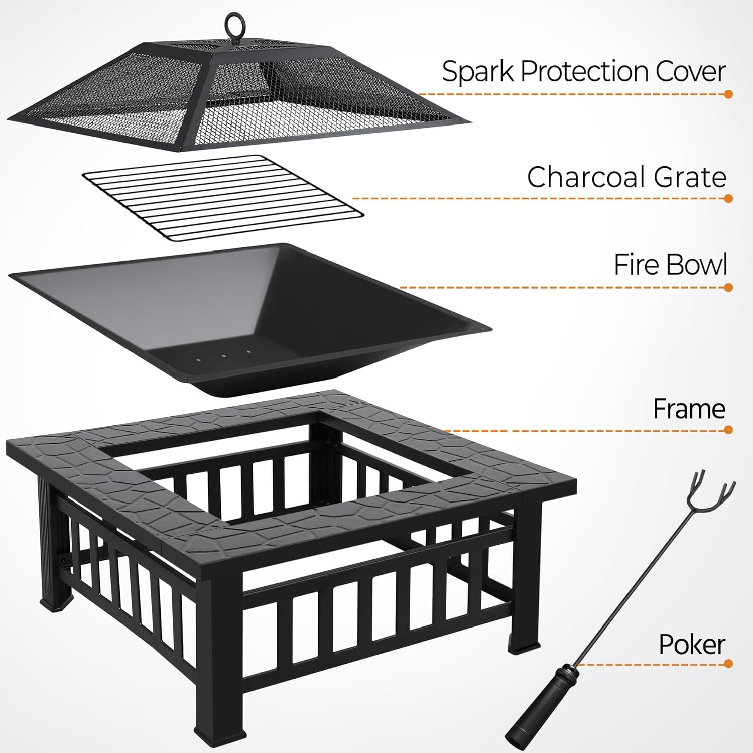 Outdoor Fire Pit 81cm Square Firepit 3-in-1 Heat-Resistant Metal Garden Stove for Barbecue