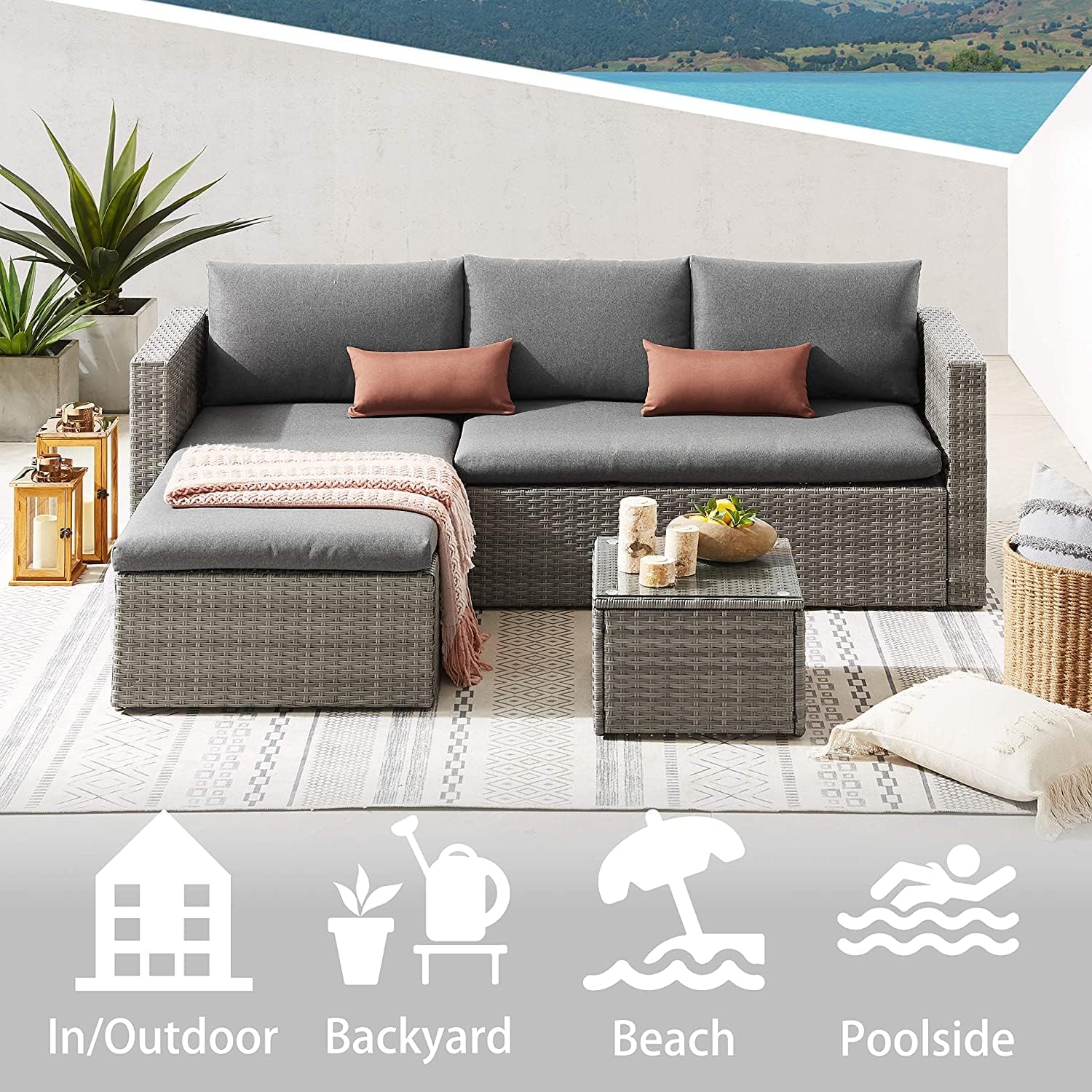 Rattan Garden Furniture Set 5 Piece 3 Seater Sofa 1 Ottoman Footstool Patio Outdoor Wicker Weave Lounge Sofa and Coffee Table (Grey)