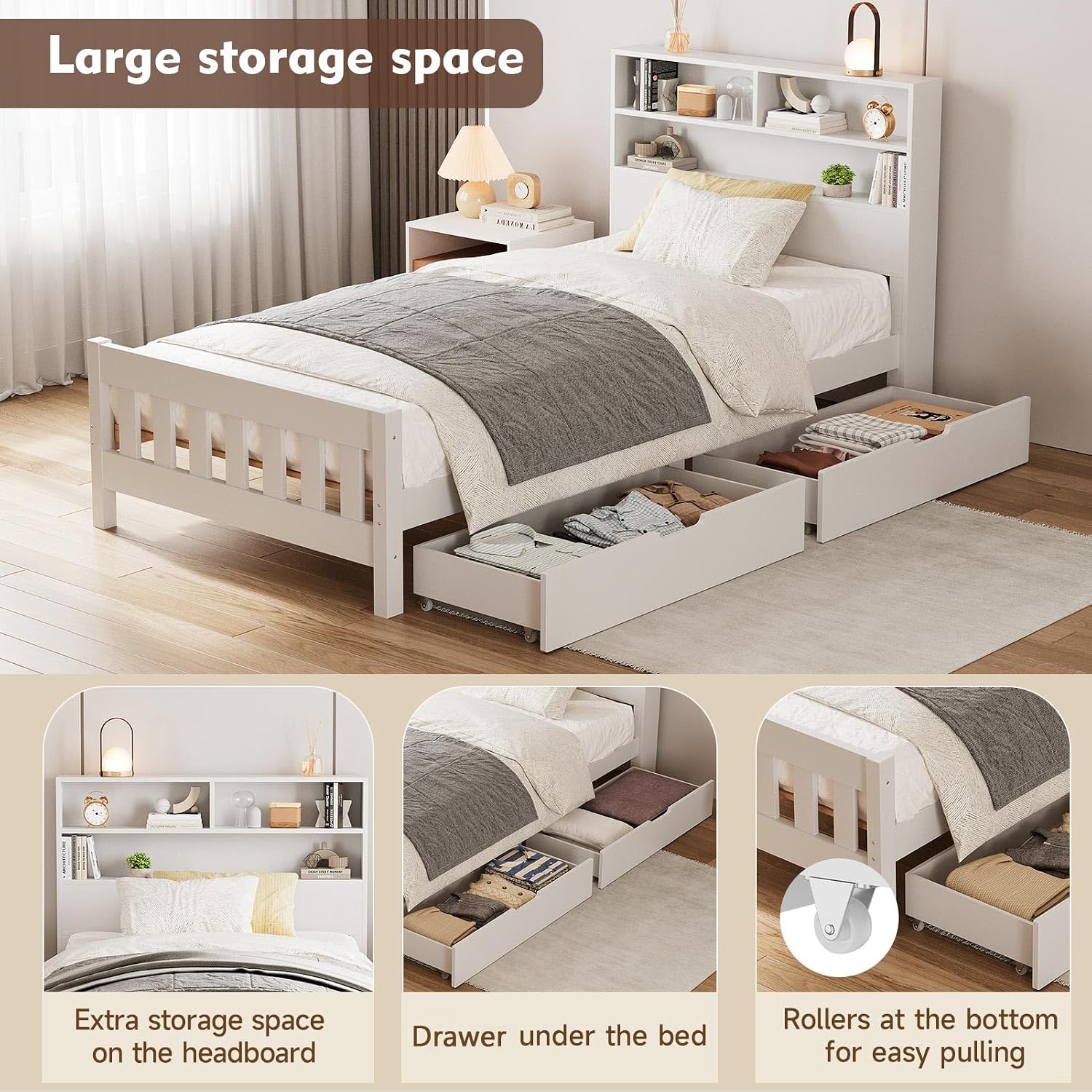Wooden Solid Bed Frame with Drawers