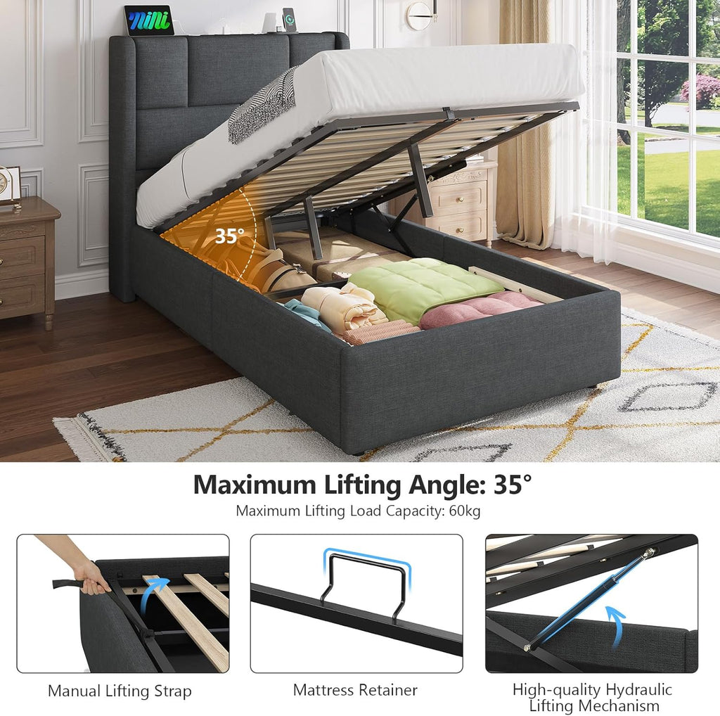 3ft Ottoman Single Bed Frame with Hydraulic Lift-Up Storage