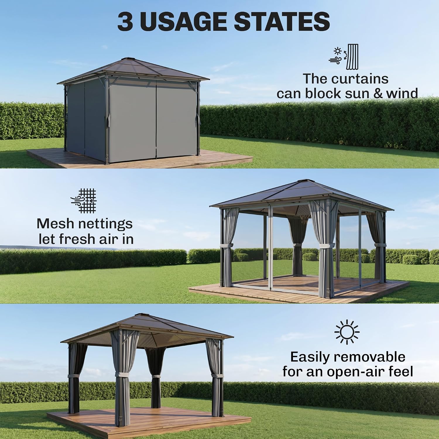 3 x 3(m) Hardtop Gazebo Canopy with Polycarbonate Roof
