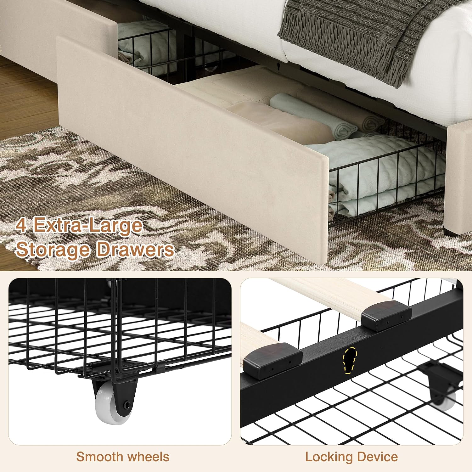 4ft6 Double Bed Frame with 4 Storage Drawers