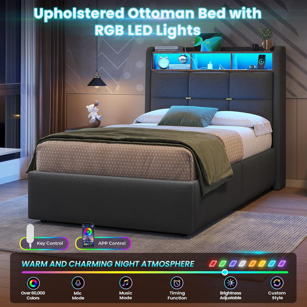 Single Bed Frame with Hydraulic Storage and Charging Station 3ft Upholstered Ottoman Lift Up Storage Bed with Headboard and Led Light,90x190 Platform bed with Solid Wood Slats,Grey(No Mattress)