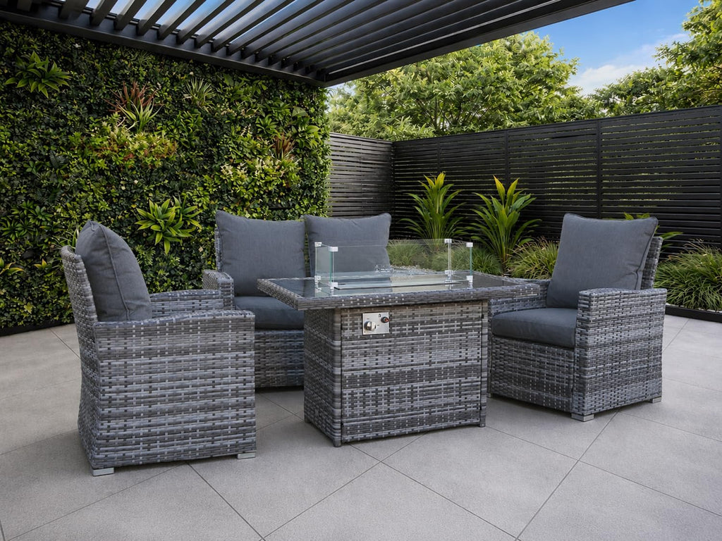 4 Seater Rattan Garden Furniture Set with Fire Pit Table - Outdoor Patio furniture - Conservatory Sofa sets - RAIN COVER INCLUDED (Dark Grey