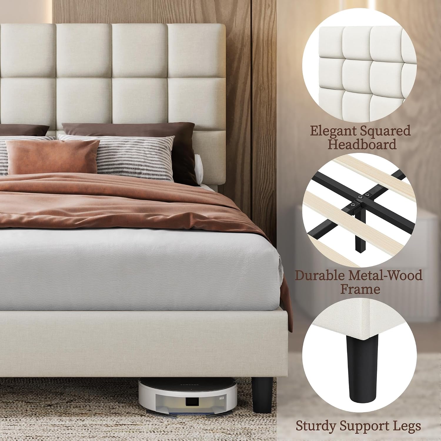 Double Bed Frame Upholstered Platform Bed with Adjustable Square Tufted Headboard/Linen Fabric/Sturdy Wooden Slat Support/No Box Spring Needed