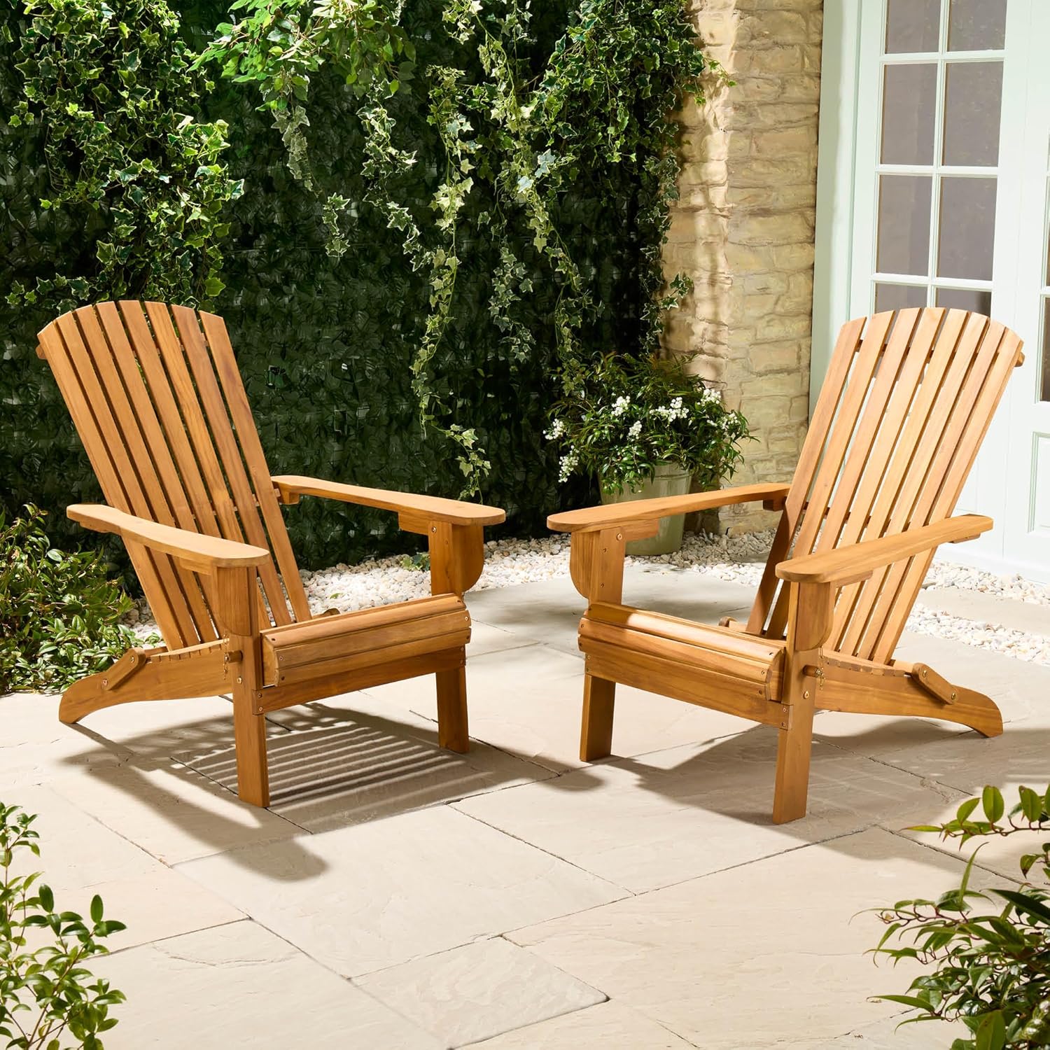 Folding Adirondack Chairs Set 2 - Natural Foldable Fire Pit Chairs for Garden
