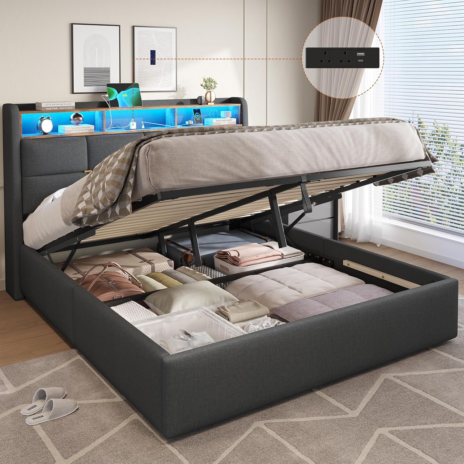 King Size Bed Frame with Hydraulic Storage,Charging Station and Led Lights King Upholstered Ottoman Bed with Headboard,5ft Lift Up Platform Storage Beds,Wood Slats,Grey-150x200cm-No Mattress