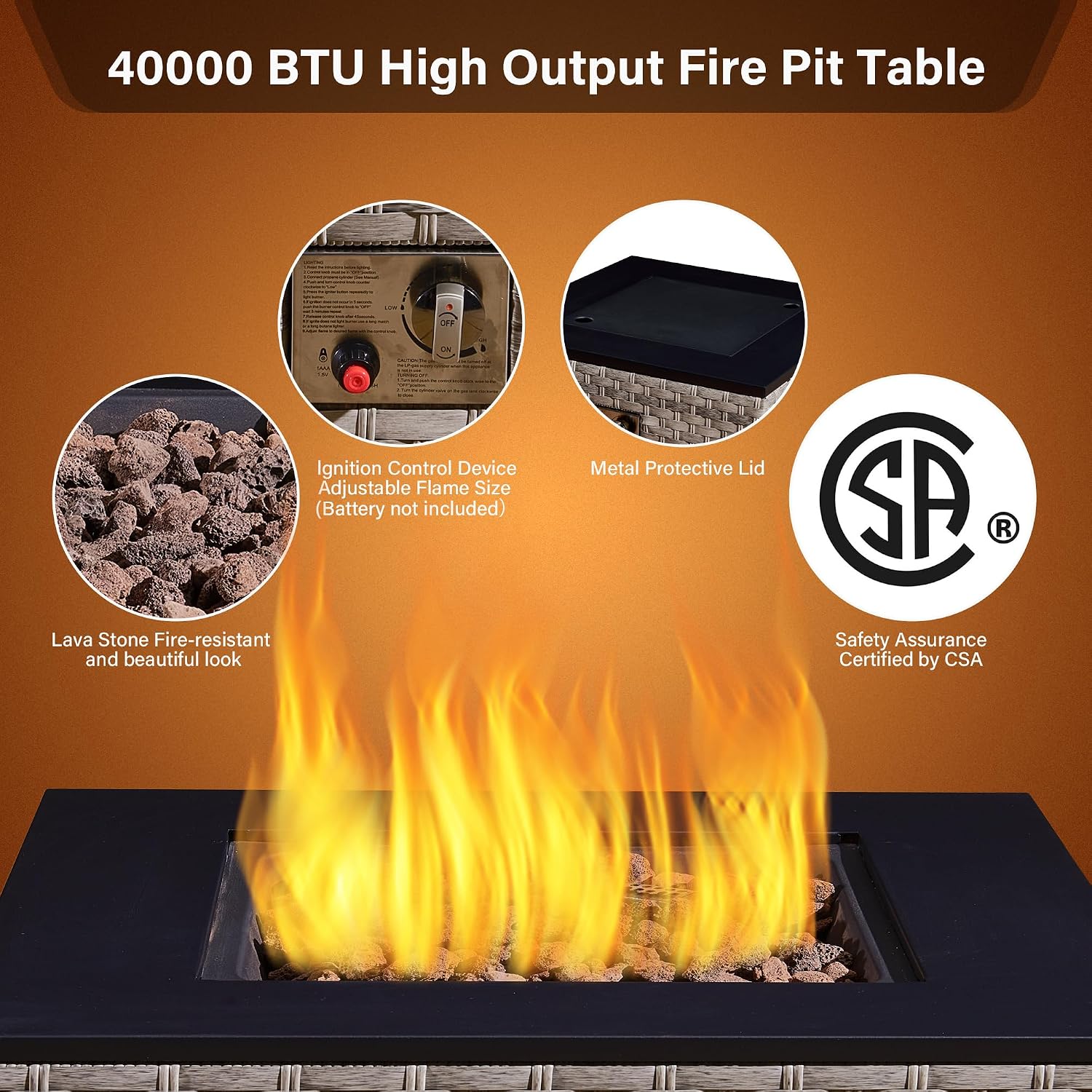 Rattan Garden Furniture Set with Fire Pit Table 3 Pieces Outdoor Sectional Sofa Set