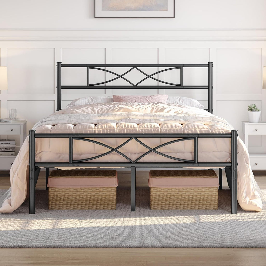 5ft King Bed Frames Metal Slatted Bed Platform with Curved Design Headboard and Footboard