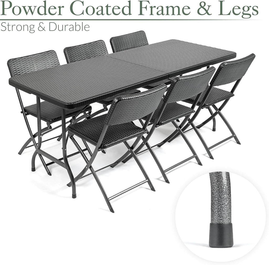 Garden Table and Chairs Set 6 Seater Rattan Effect Folding Patio Furniture (6ft)