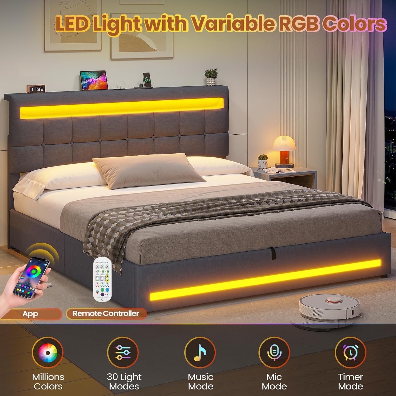 5ft King Ottoman Bed Frame 150×200 cm with Charging Station and LED Lights