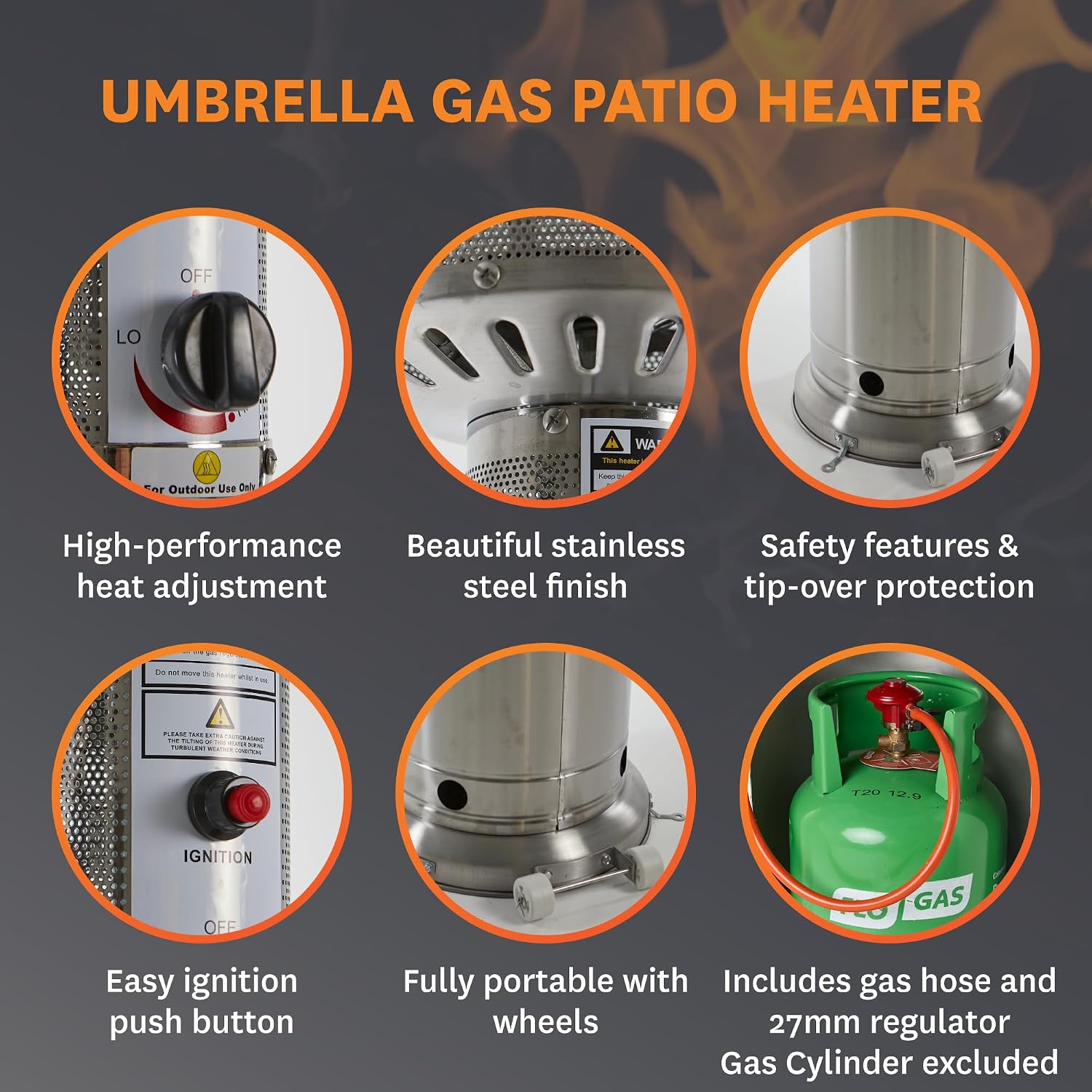 Umbrella Gas Patio Outdoor Heater - Heat Adjustable 13KW - Easy Ignition