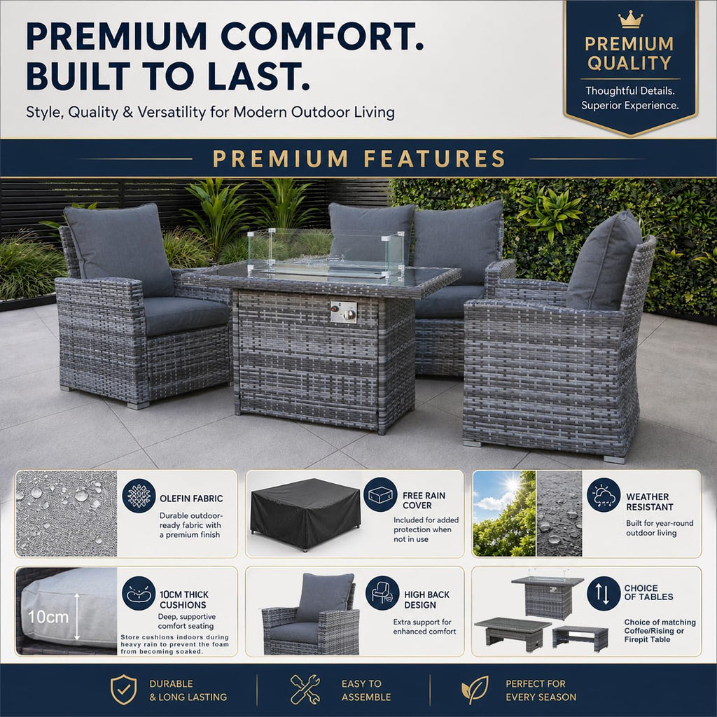 4 Seater Rattan Garden Furniture Set with Fire Pit Table - Outdoor Patio furniture - Conservatory Sofa sets - RAIN COVER INCLUDED (Dark Grey