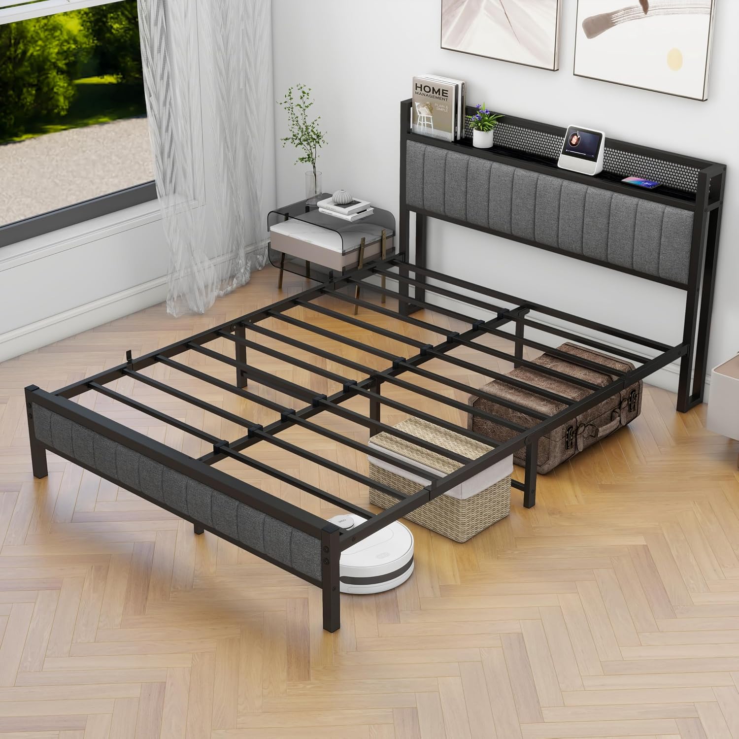 King Size Bed Frame with Storage and Headboard Shelf