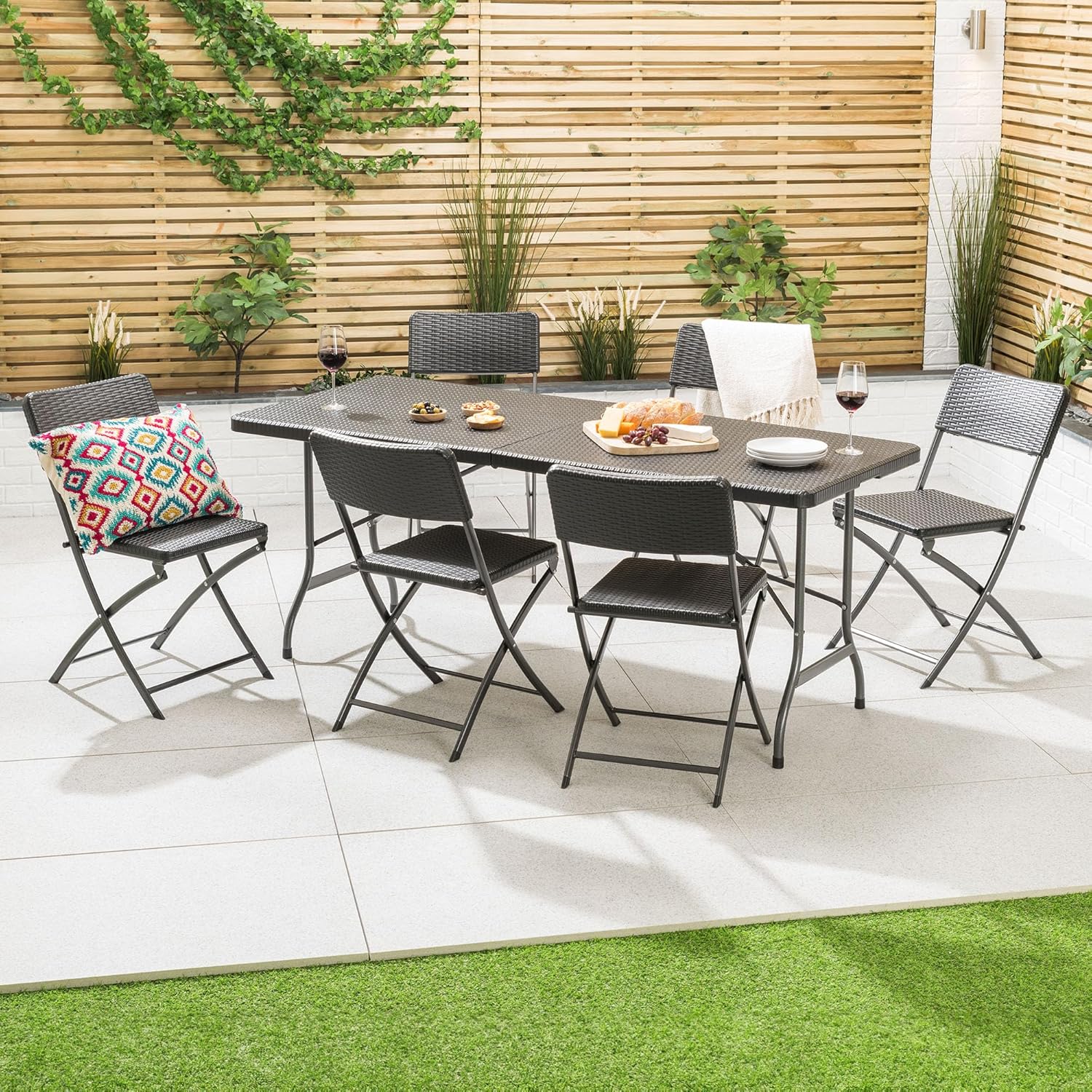 Garden Table and Chairs Set 6 Seater Rattan Effect Folding Patio Furniture (6ft)