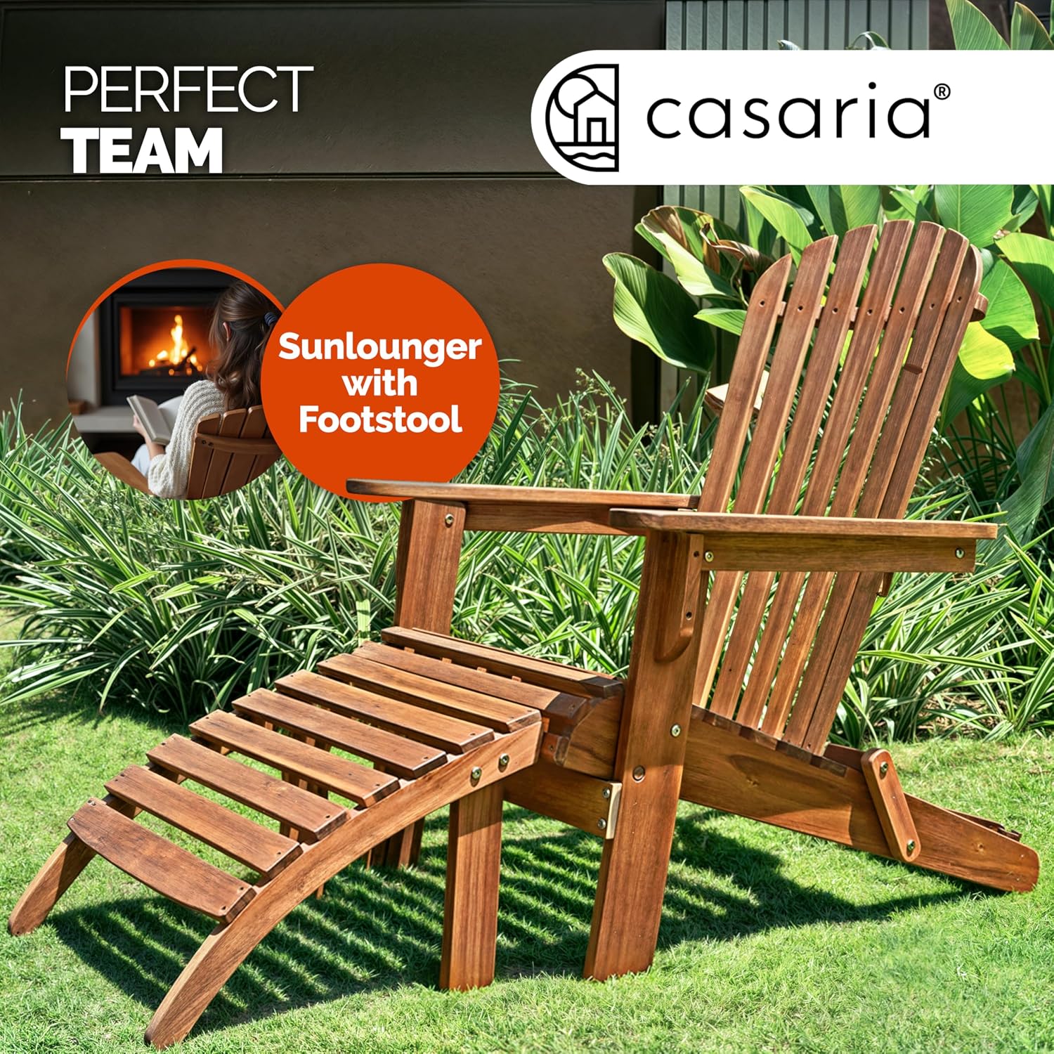 2x Adirondack Wooden Sun Loungers with Footrests