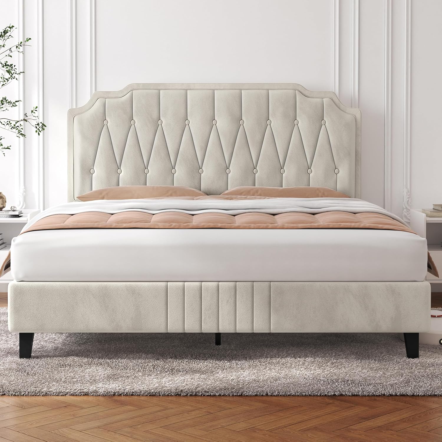 5ft King Bed Frame Upholstered Platform Bed with Adjustable Button Tufted Headboard/Velvet Fabric/Sturdy Wooden Slat Support/No Box Spring Needed