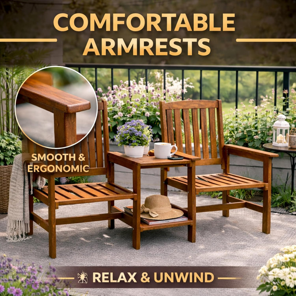Garden Mile Jack and Jill Bench with Central Table - 2 Seater Wooden Garden Furniture