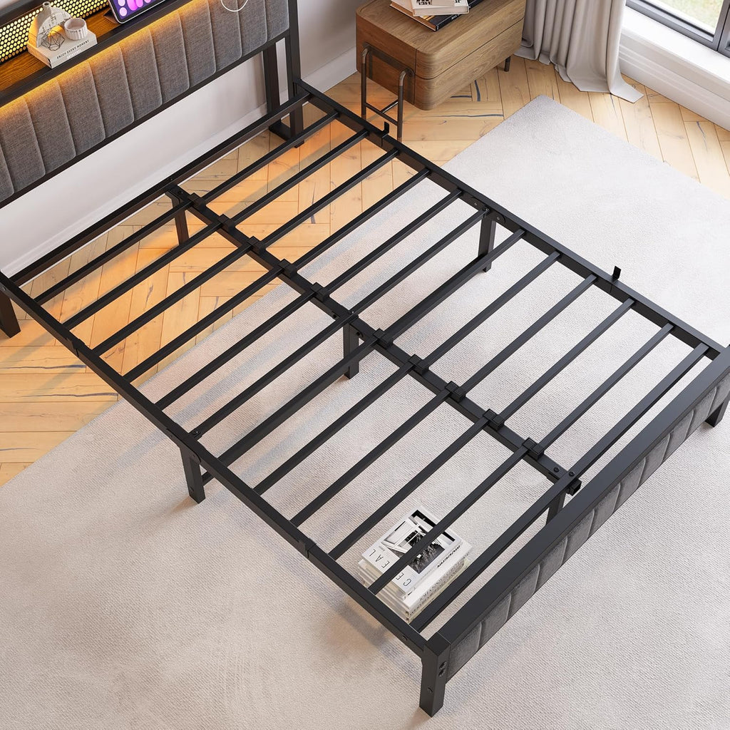 Double Bed Frame with Wooden Storage Headboard,Charging Station,LED Lights,Metal Platform Upholstered Bed Frame Double Bed with Strong Metal Slats No Box Spring Needed,Under Bed Storage,Grey
