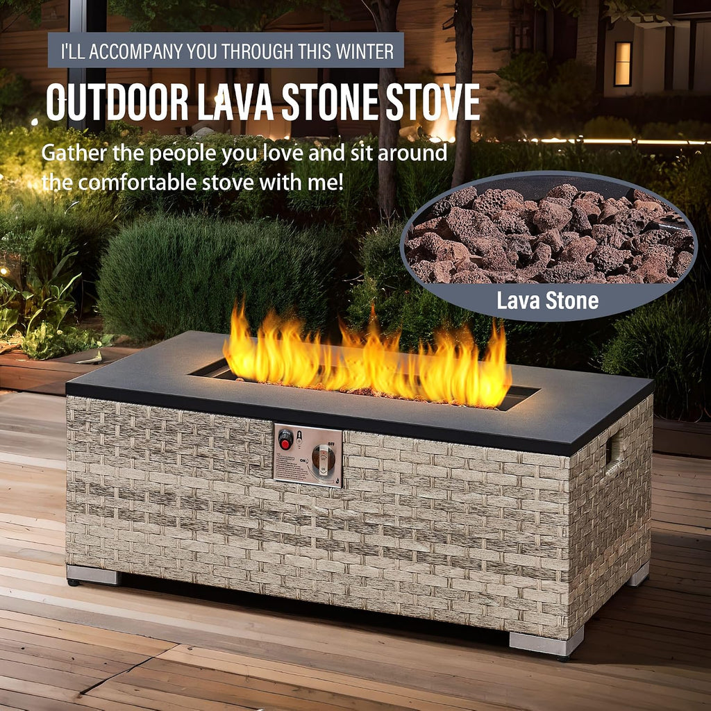 6-Seater Rattan Garden Furniture,Outdoor Sectional Sofa Set with Fire Pit Table,Grey Wicker with White Cushions