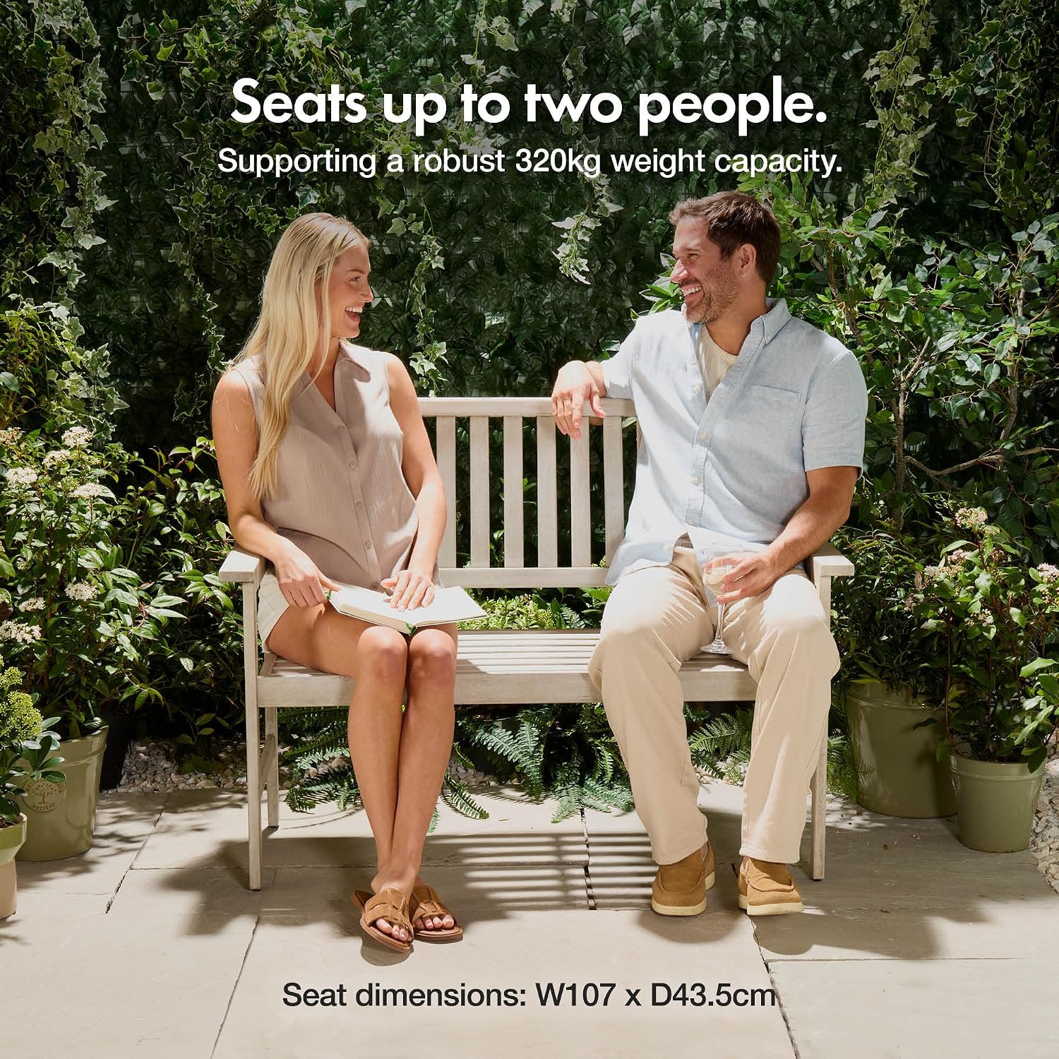 Grey Garden Bench 2 Seater - Acacia Hardwood Outdoor Bench with Armrests &amp; Teak Oil Coating - Wooden Garden Seating for 2 People for Patio &amp; Terrace - Weather Resistant - Murcia