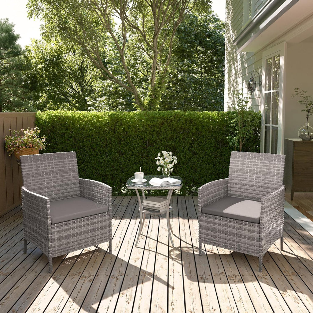 Garden Furniture Set 3 PCS Rattan Patio Conservatory Outdoor Bistro Set Patio Weave Companion Chair Table Set Grey